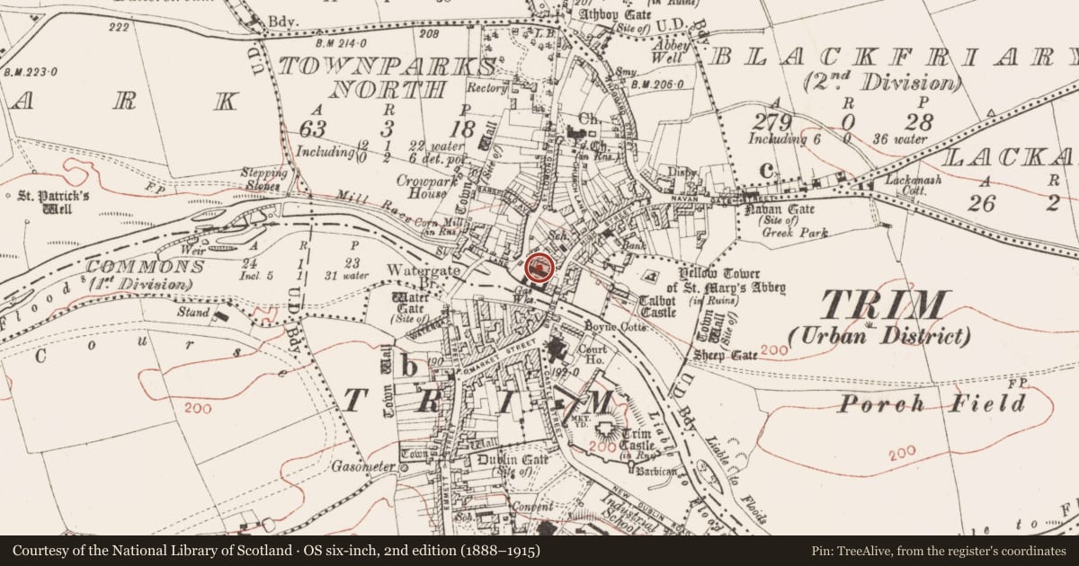 Ordnance Survey six-inch map, 2nd edition (1888–1915) covering the location of Town defences, County Meath, with a pin at the register's coordinates