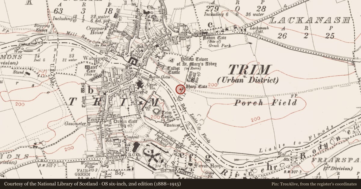 Ordnance Survey six-inch map, 2nd edition (1888–1915) covering the location of Gateway, Blackfriary (2nd division), County Meath, with a pin at the register's coordinates