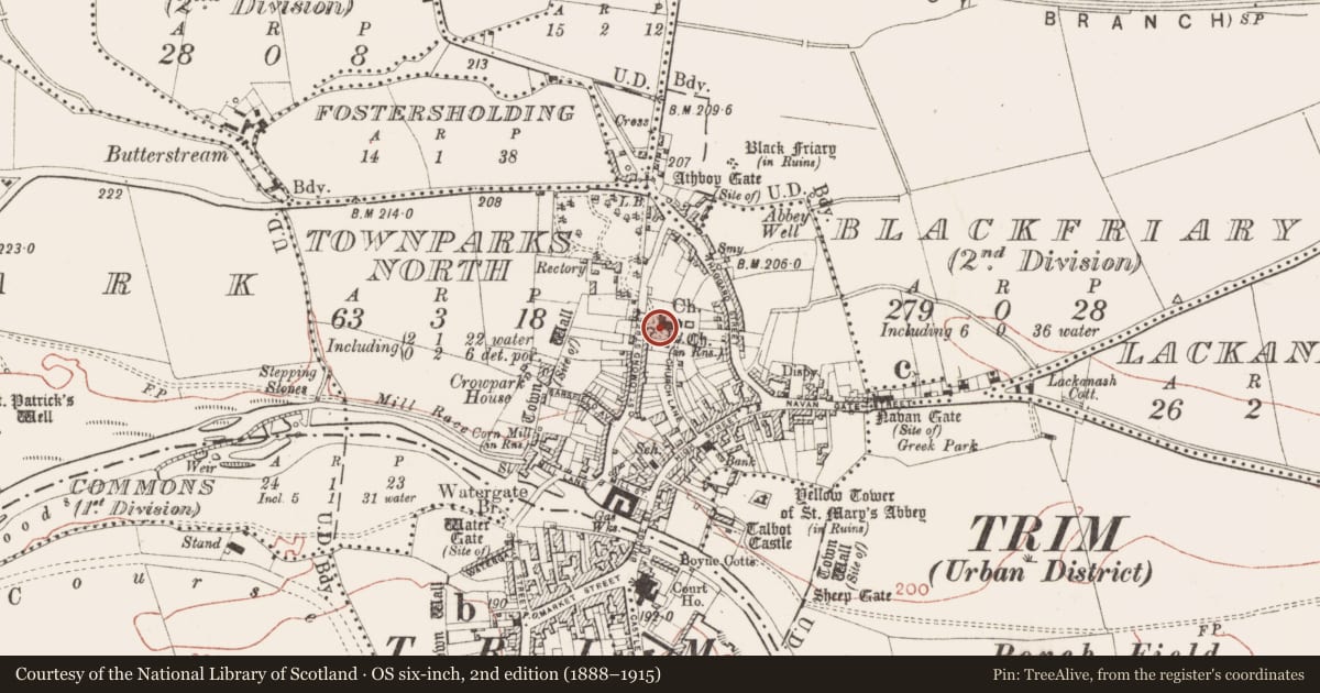 Ordnance Survey six-inch map, 2nd edition (1888–1915) covering the location of Church, Townparks North, County Meath, with a pin at the register's coordinates