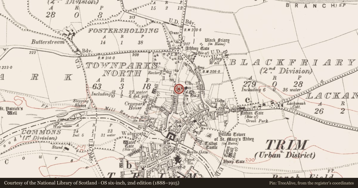 Ordnance Survey six-inch map, 2nd edition (1888–1915) covering the location of Font, Townparks North, County Meath, with a pin at the register's coordinates