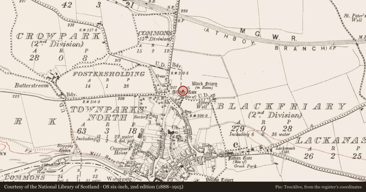 Ordnance Survey six-inch map, 2nd edition (1888–1915) covering the location of Religious house - Dominican friars, Blackfriary (2nd division), County Meath, with a pin at the register's coordinates