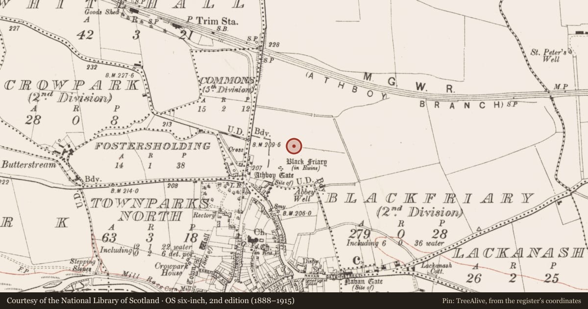 Ordnance Survey six-inch map, 2nd edition (1888–1915) covering the location of Field boundary, Blackfriary (2nd division), County Meath, with a pin at the register's coordinates