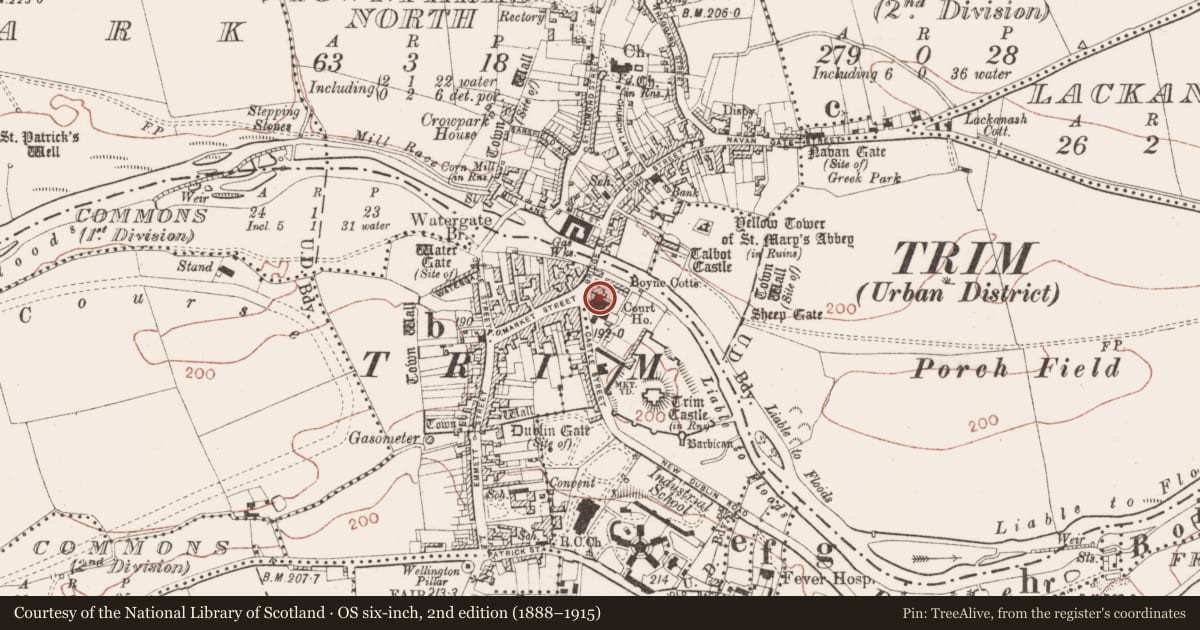 Ordnance Survey six-inch map, 2nd edition (1888–1915) covering the location of Religious house - Franciscan friars, Manorland (1st division), County Meath, with a pin at the register's coordinates