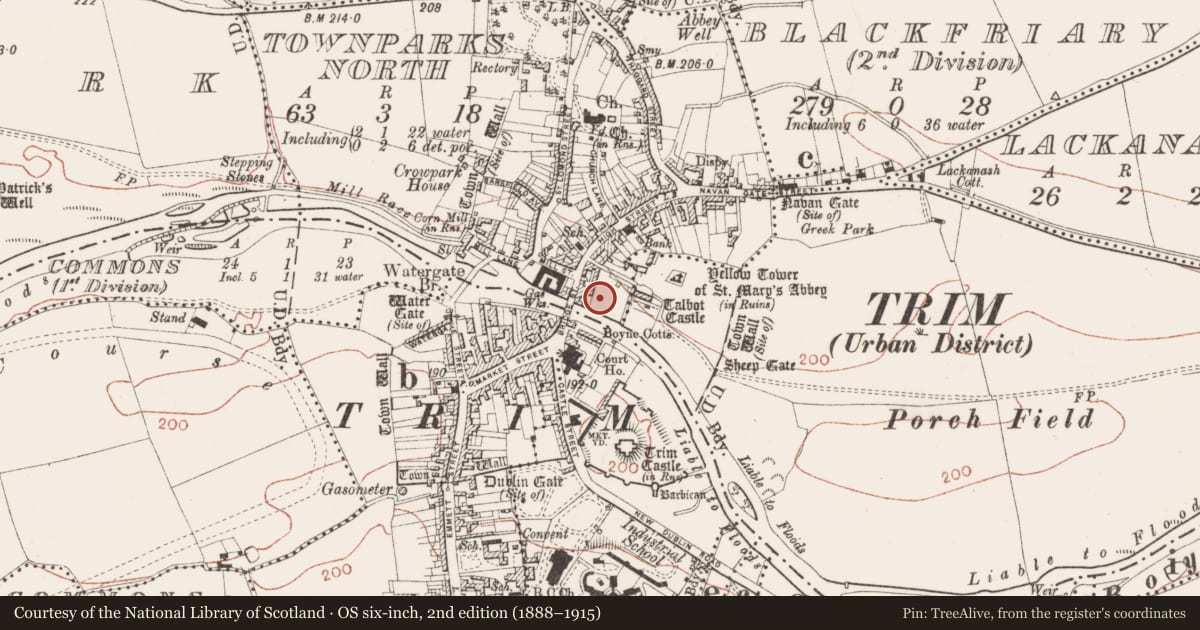Ordnance Survey six-inch map, 2nd edition (1888–1915) covering the location of Excavation - miscellaneous, Townparks North, County Meath, with a pin at the register's coordinates