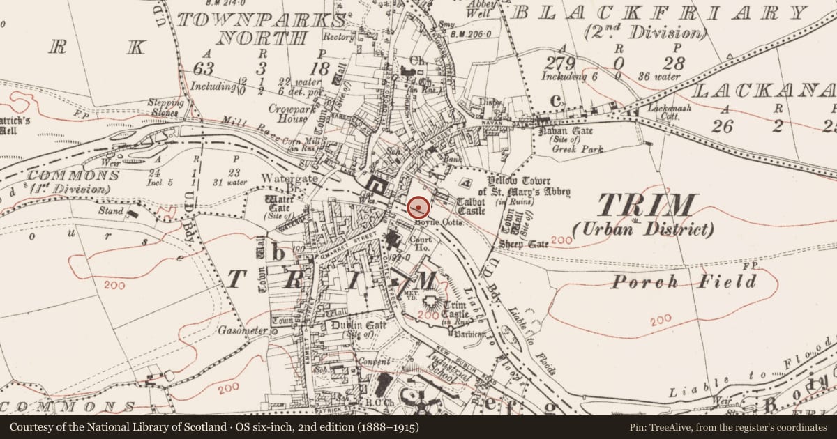 Ordnance Survey six-inch map, 2nd edition (1888–1915) covering the location of Excavation - miscellaneous, Townparks North, County Meath, with a pin at the register's coordinates