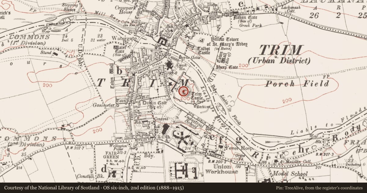Ordnance Survey six-inch map, 2nd edition (1888–1915) covering the location of Castle - ringwork, Manorland (1st division), County Meath, with a pin at the register's coordinates