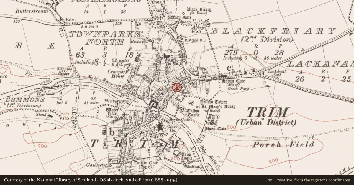 Ordnance Survey six-inch map, 2nd edition (1888–1915) covering the location of House - medieval, Townparks North, County Meath, with a pin at the register's coordinates