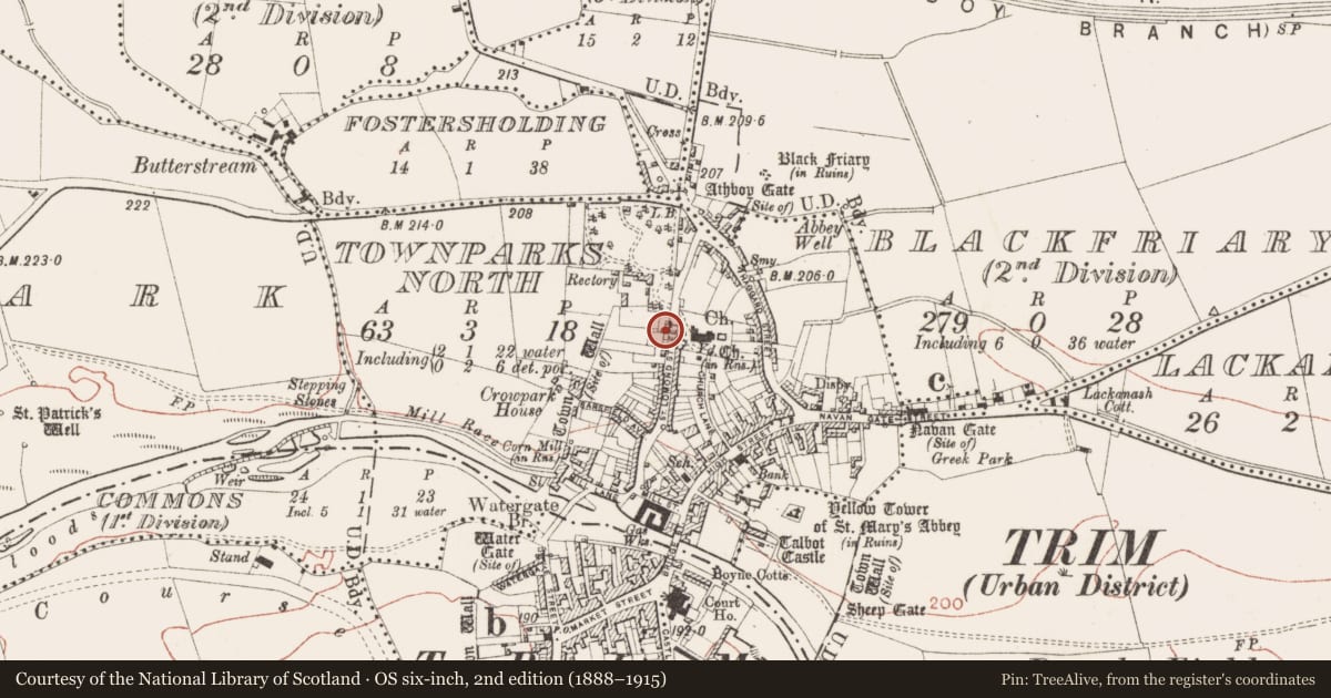 Ordnance Survey six-inch map, 2nd edition (1888–1915) covering the location of Excavation - miscellaneous, Townparks North, County Meath, with a pin at the register's coordinates