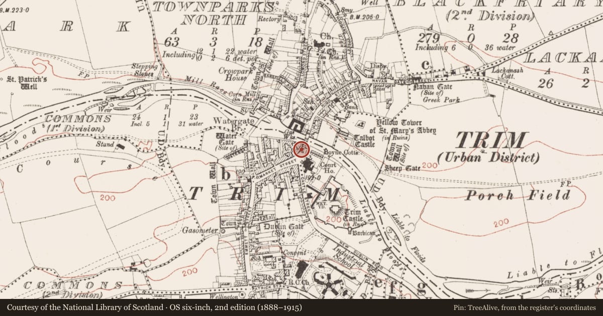 Ordnance Survey six-inch map, 2nd edition (1888–1915) covering the location of Structure, Manorland (1st division), County Meath, with a pin at the register's coordinates