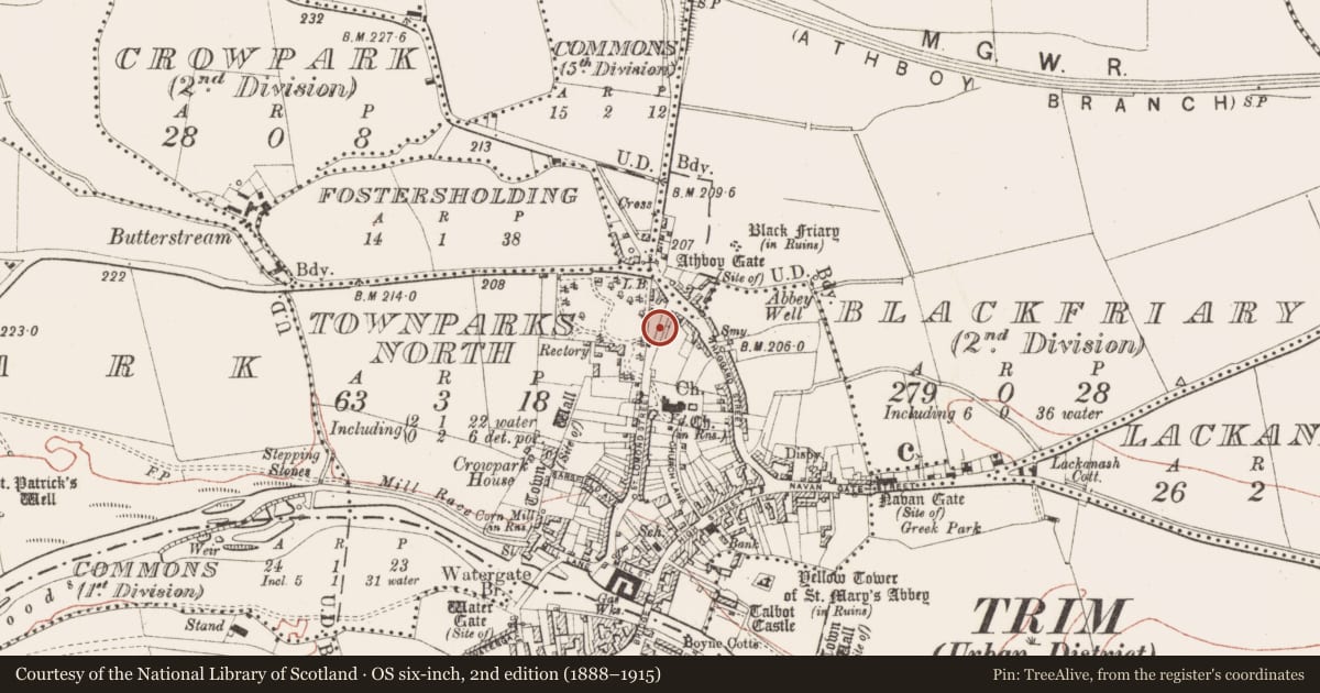 Ordnance Survey six-inch map, 2nd edition (1888–1915) covering the location of Ecclesiastical enclosure, Townparks North, County Meath, with a pin at the register's coordinates