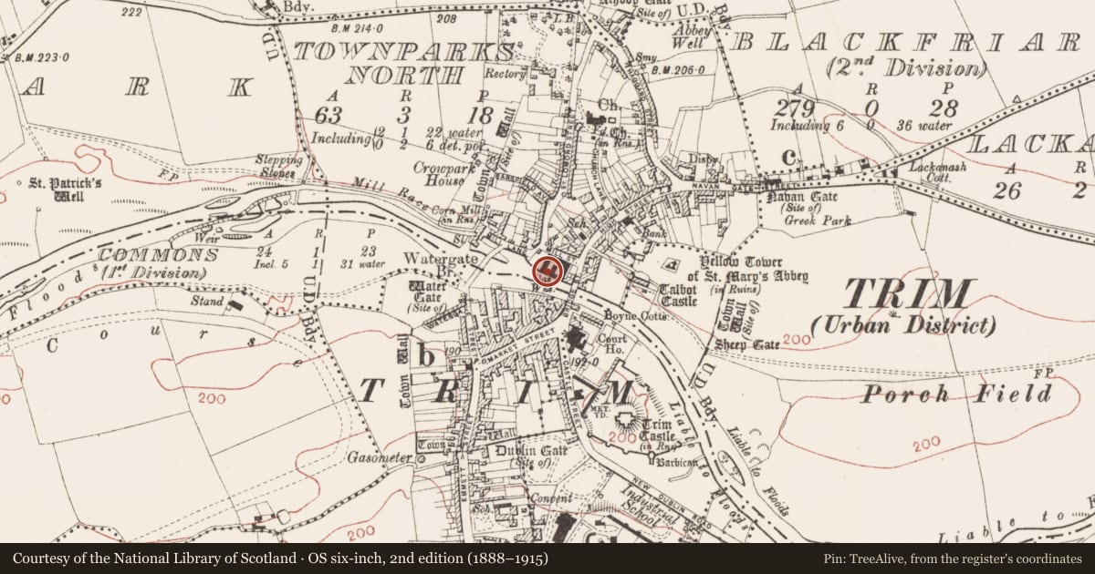 Ordnance Survey six-inch map, 2nd edition (1888–1915) covering the location of Prison, Townparks North, County Meath, with a pin at the register's coordinates