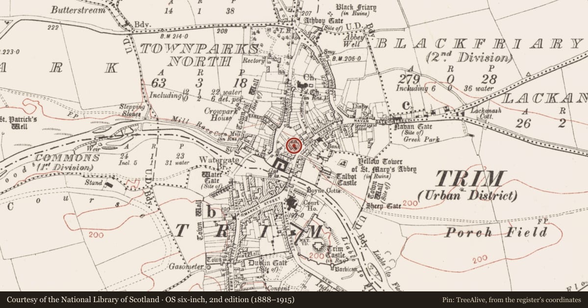 Ordnance Survey six-inch map, 2nd edition (1888–1915) covering the location of Building, Townparks North, County Meath, with a pin at the register's coordinates