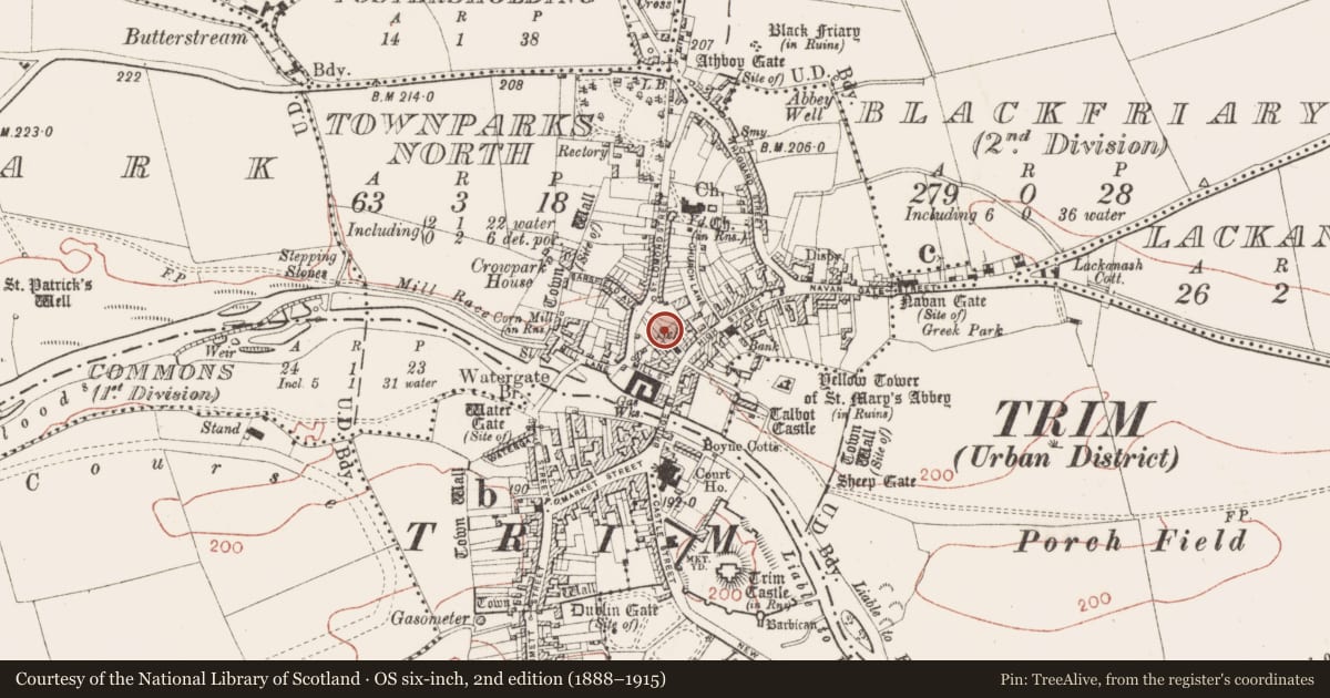Ordnance Survey six-inch map, 2nd edition (1888–1915) covering the location of Excavation - miscellaneous, Townparks North, County Meath, with a pin at the register's coordinates