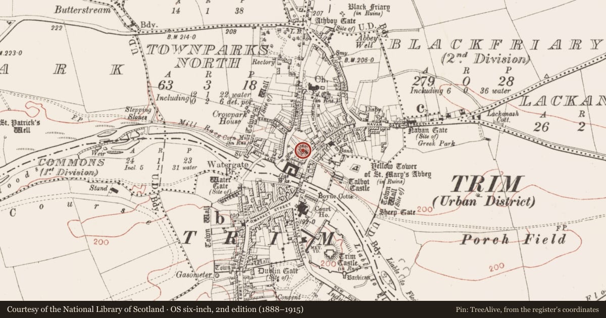 Ordnance Survey six-inch map, 2nd edition (1888–1915) covering the location of Excavation - miscellaneous, Townparks North, County Meath, with a pin at the register's coordinates