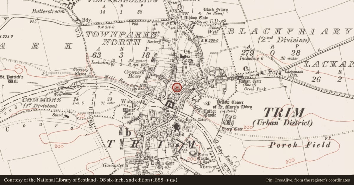 Ordnance Survey six-inch map, 2nd edition (1888–1915) covering the location of Excavation - miscellaneous, Townparks North, County Meath, with a pin at the register's coordinates