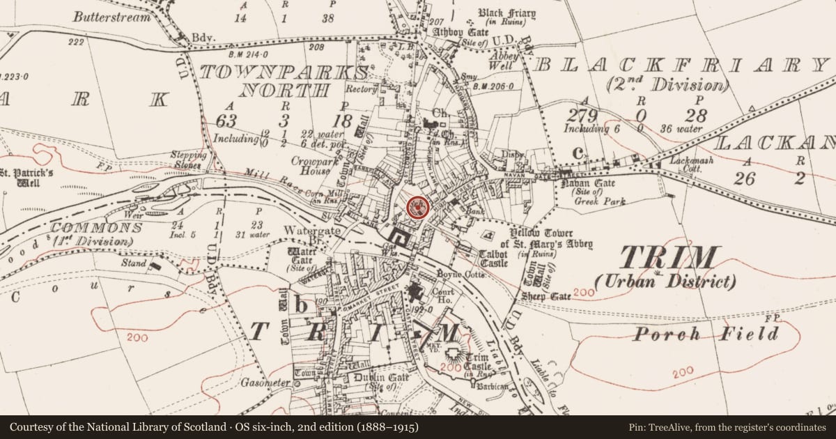 Ordnance Survey six-inch map, 2nd edition (1888–1915) covering the location of Structure, Townparks North, County Meath, with a pin at the register's coordinates