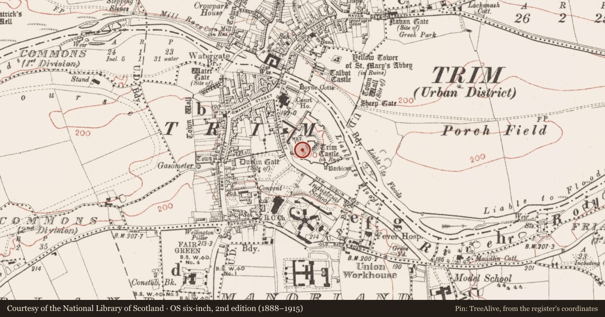Ordnance Survey six-inch map, 2nd edition (1888–1915) covering the location of Building, Manorland (1st division), County Meath, with a pin at the register's coordinates