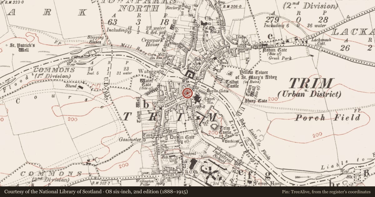 Ordnance Survey six-inch map, 2nd edition (1888–1915) covering the location of Town hall, Townparks South, County Meath, with a pin at the register's coordinates