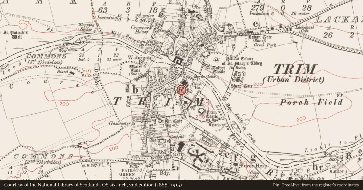 Ordnance Survey six-inch map, 2nd edition (1888–1915) covering the location of Burial, Manorland (1st division), County Meath, with a pin at the register's coordinates