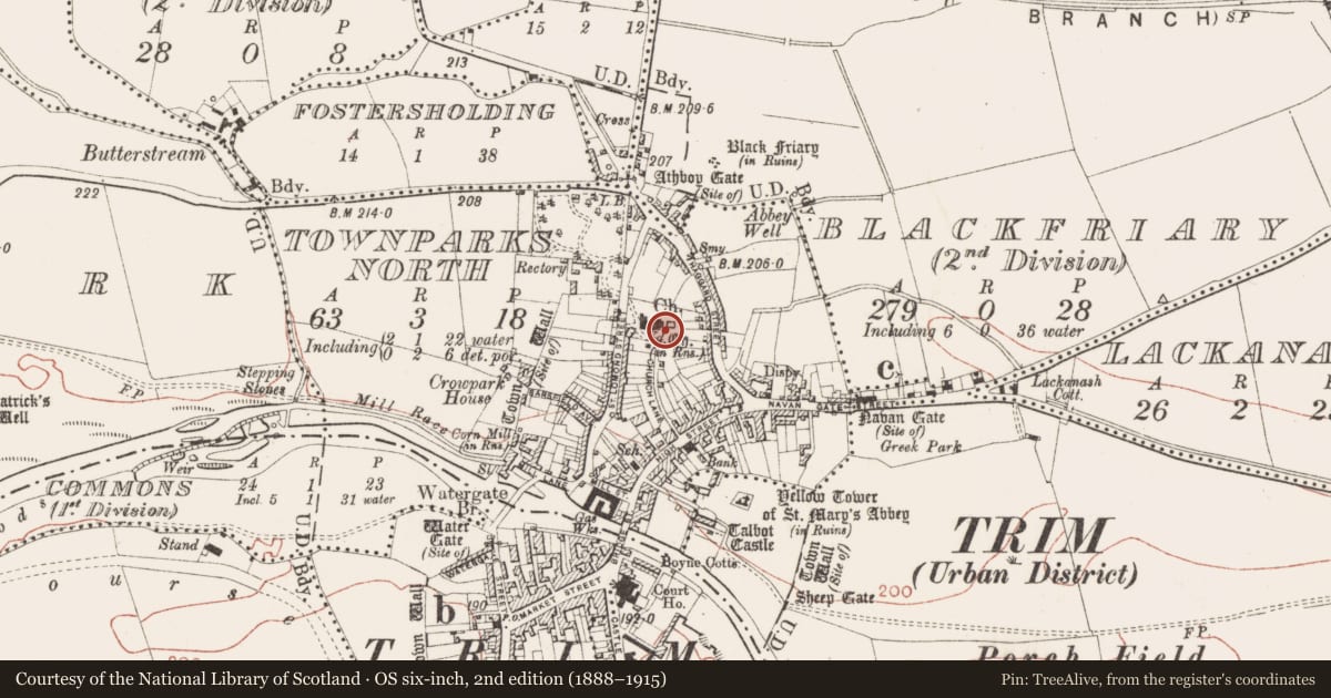 Ordnance Survey six-inch map, 2nd edition (1888–1915) covering the location of Headstone, Townparks North, County Meath, with a pin at the register's coordinates