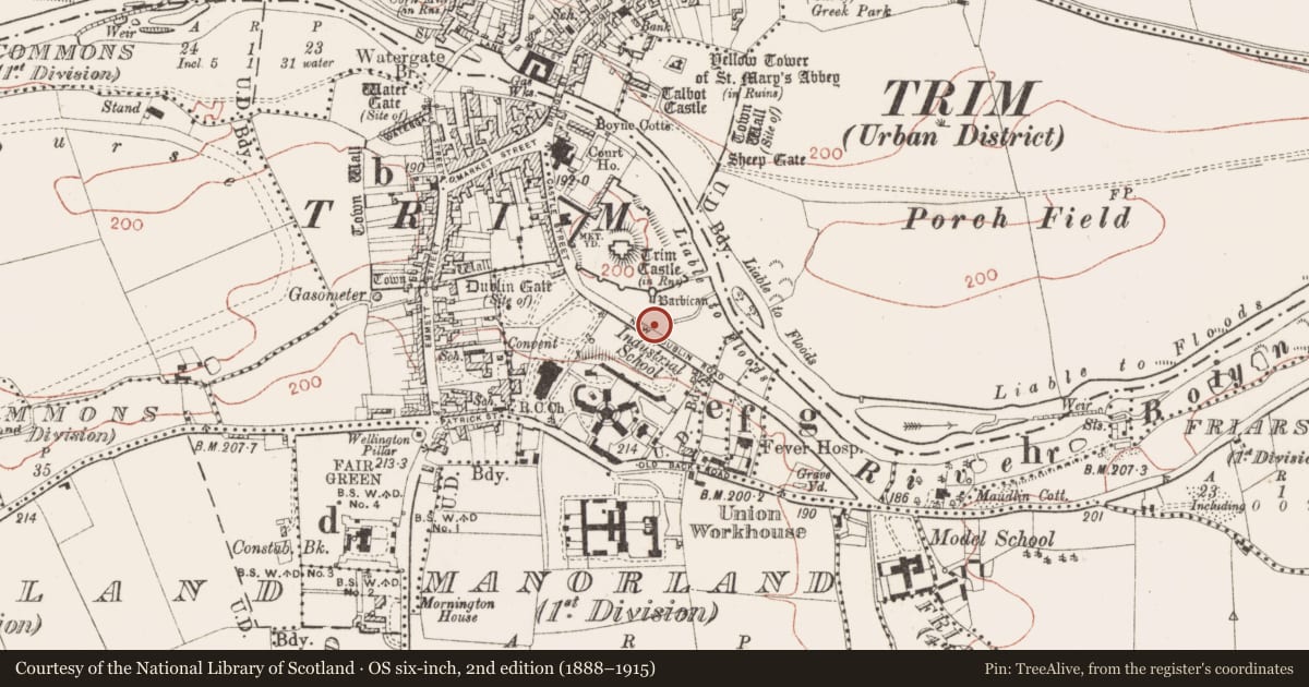 Ordnance Survey six-inch map, 2nd edition (1888–1915) covering the location of Burial, Manorland (1st division), County Meath, with a pin at the register's coordinates