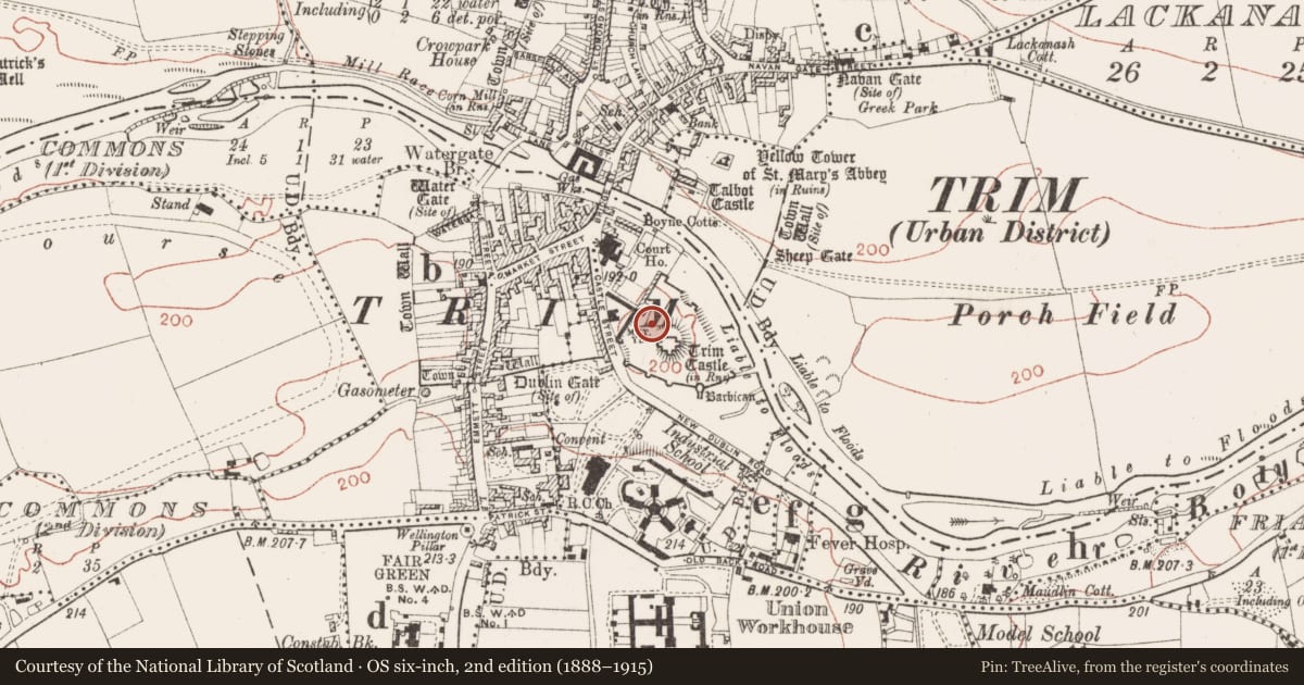 Ordnance Survey six-inch map, 2nd edition (1888–1915) covering the location of Bawn, Manorland (1st division), County Meath, with a pin at the register's coordinates