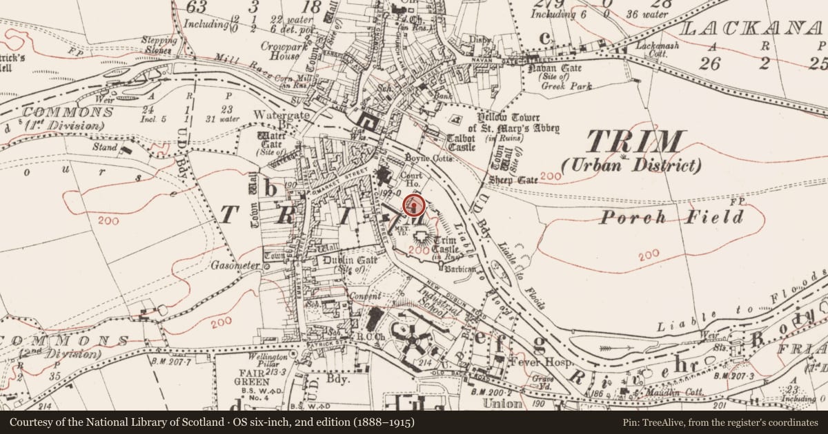 Ordnance Survey six-inch map, 2nd edition (1888–1915) covering the location of Castle - hall-house, Manorland (1st division), County Meath, with a pin at the register's coordinates