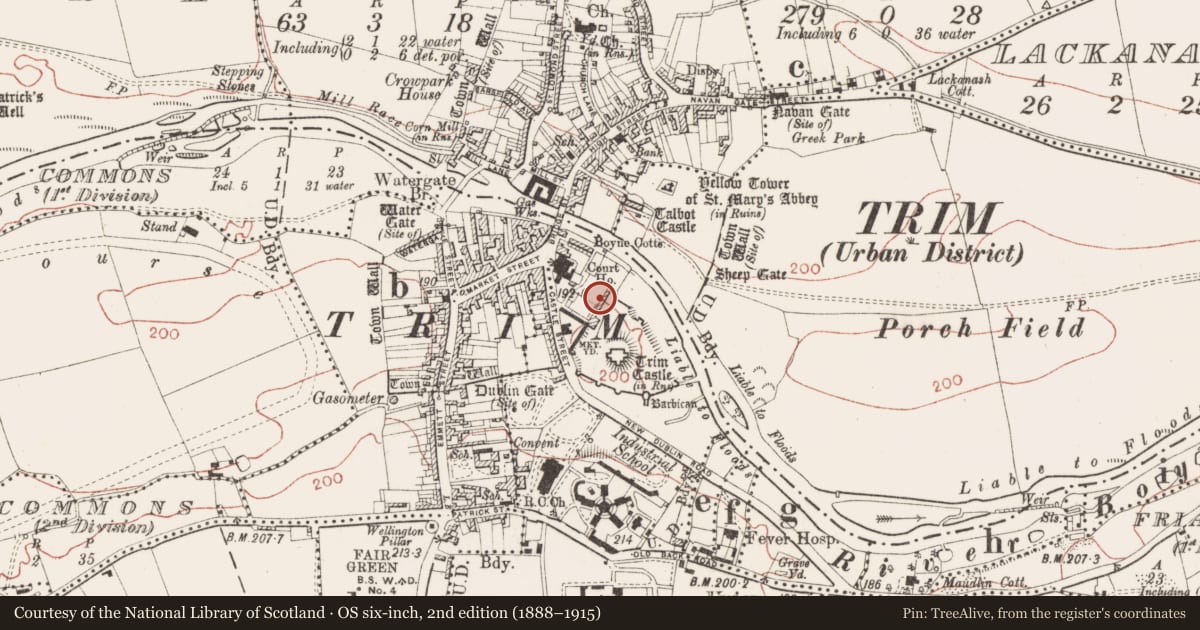 Ordnance Survey six-inch map, 2nd edition (1888–1915) covering the location of Castle - tower house, Manorland (1st division), County Meath, with a pin at the register's coordinates