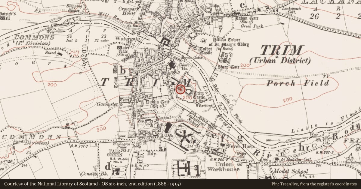 Ordnance Survey six-inch map, 2nd edition (1888–1915) covering the location of Kiln - lime, Manorland (1st division), County Meath, with a pin at the register's coordinates