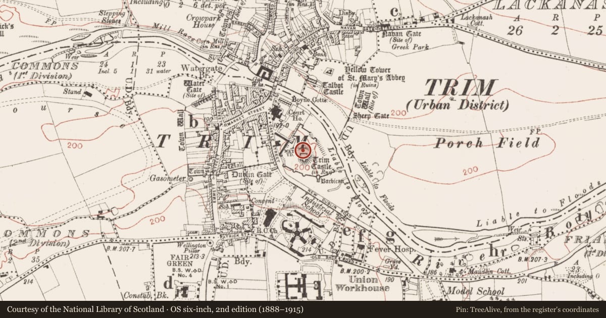Ordnance Survey six-inch map, 2nd edition (1888–1915) covering the location of Fortification, Manorland (1st division), County Meath, with a pin at the register's coordinates
