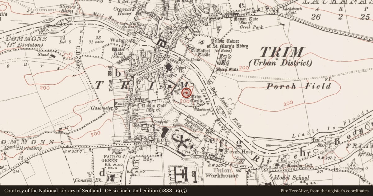 Ordnance Survey six-inch map, 2nd edition (1888–1915) covering the location of Stable, Manorland (1st division), County Meath, with a pin at the register's coordinates