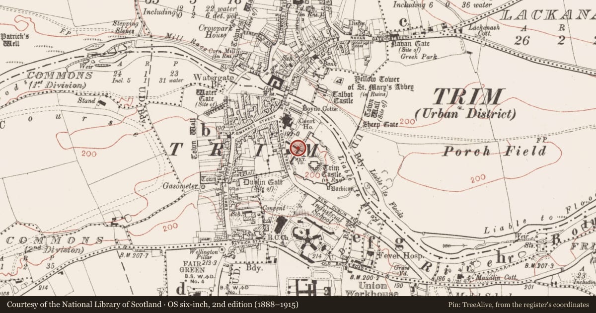 Ordnance Survey six-inch map, 2nd edition (1888–1915) covering the location of Prison, Manorland (1st division), County Meath, with a pin at the register's coordinates