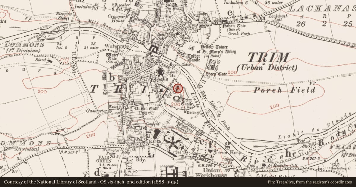 Ordnance Survey six-inch map, 2nd edition (1888–1915) covering the location of Building, Manorland (1st division), County Meath, with a pin at the register's coordinates