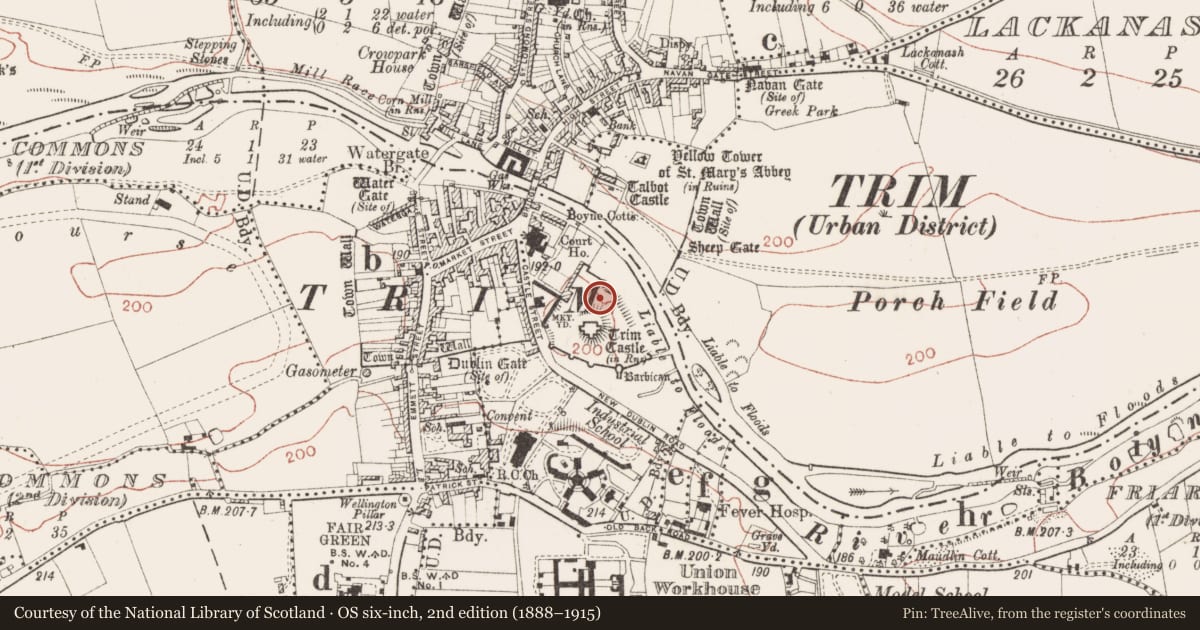 Ordnance Survey six-inch map, 2nd edition (1888–1915) covering the location of Forge, Manorland (1st division), County Meath, with a pin at the register's coordinates