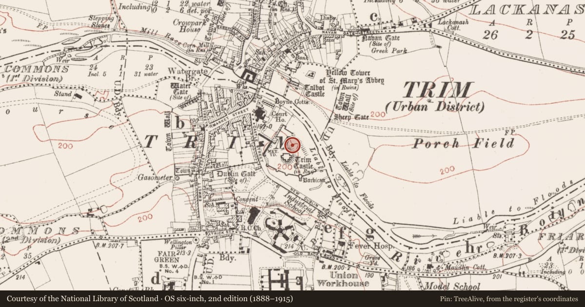 Ordnance Survey six-inch map, 2nd edition (1888–1915) covering the location of Bakery, Manorland (1st division), County Meath, with a pin at the register's coordinates
