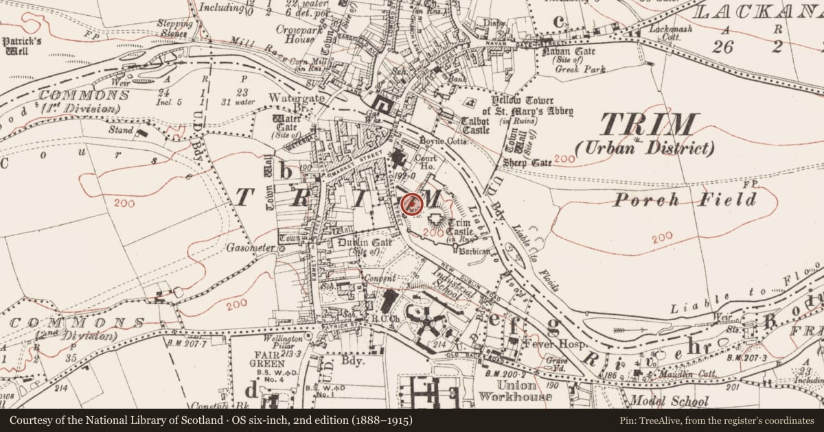 Ordnance Survey six-inch map, 2nd edition (1888–1915) covering the location of Building, Manorland (1st division), County Meath, with a pin at the register's coordinates