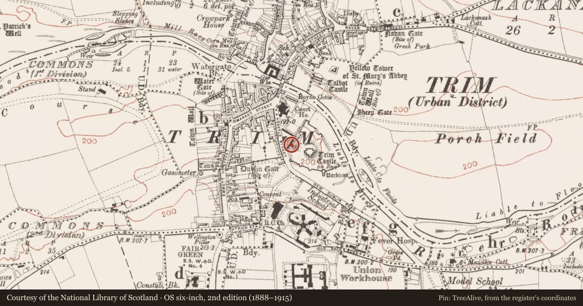 Ordnance Survey six-inch map, 2nd edition (1888–1915) covering the location of Building, Manorland (1st division), County Meath, with a pin at the register's coordinates