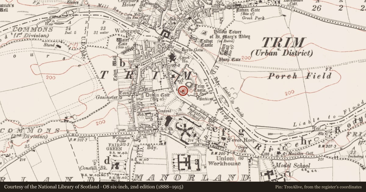 Ordnance Survey six-inch map, 2nd edition (1888–1915) covering the location of Structure, Manorland (1st division), County Meath, with a pin at the register's coordinates