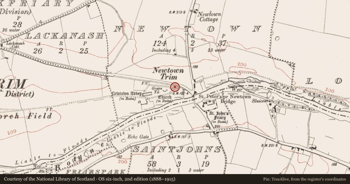 Ordnance Survey six-inch map, 2nd edition (1888–1915) covering the location of Settlement deserted - medieval, County Meath, with a pin at the register's coordinates
