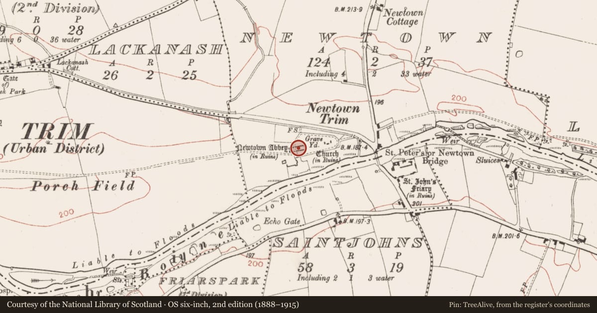 Ordnance Survey six-inch map, 2nd edition (1888–1915) covering the location of Tomb - effigial, Newtown, County Meath, with a pin at the register's coordinates