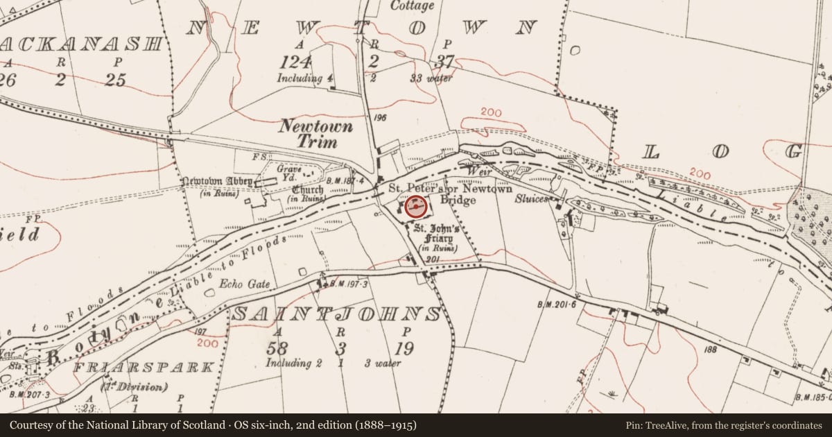 Ordnance Survey six-inch map, 2nd edition (1888–1915) covering the location of Religious house - Fratres Cruciferi, Saintjohns, County Meath, with a pin at the register's coordinates