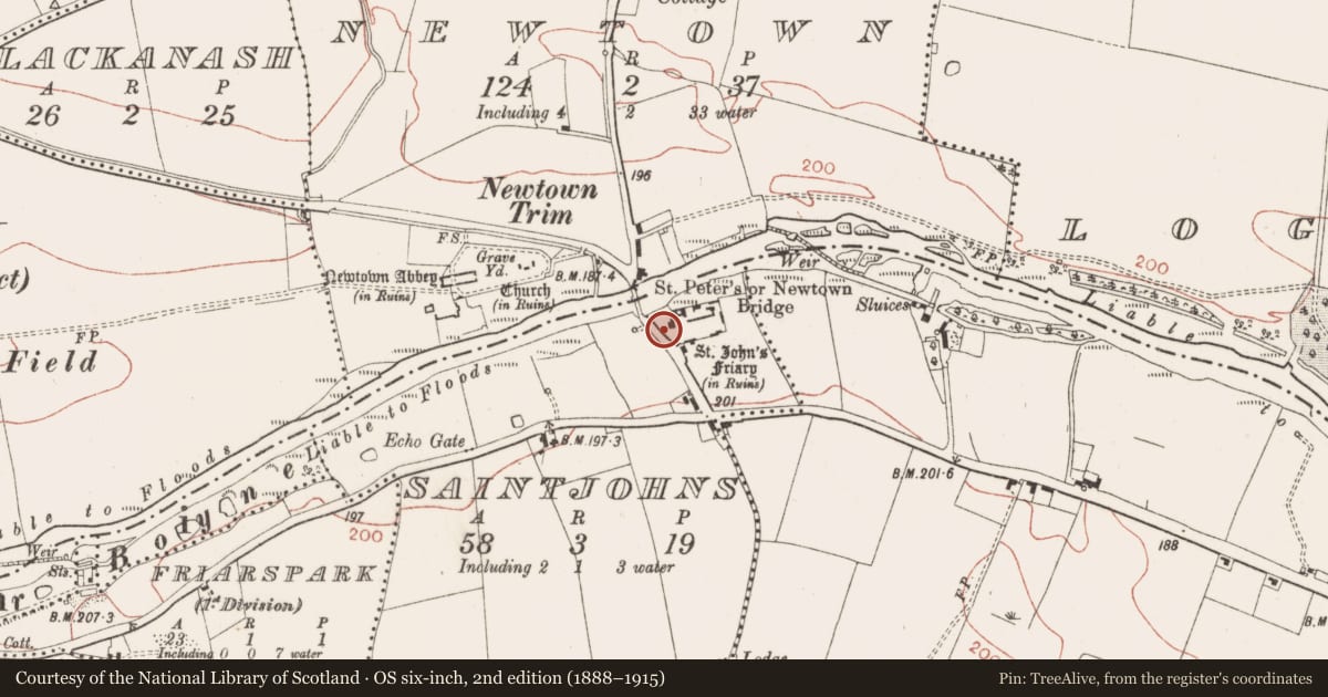 Ordnance Survey six-inch map, 2nd edition (1888–1915) covering the location of Castle - tower house, Saintjohns, County Meath, with a pin at the register's coordinates