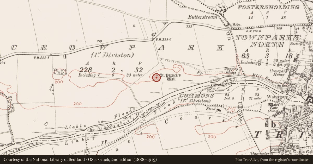 Ordnance Survey six-inch map, 2nd edition (1888–1915) covering the location of Ritual site - holy well, Crowpark (1st division), County Meath, with a pin at the register's coordinates
