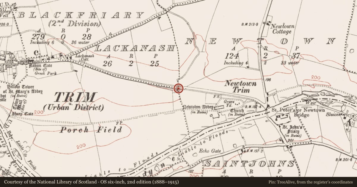 Ordnance Survey six-inch map, 2nd edition (1888–1915) covering the location of Bridge, Lackanash, County Meath, with a pin at the register's coordinates