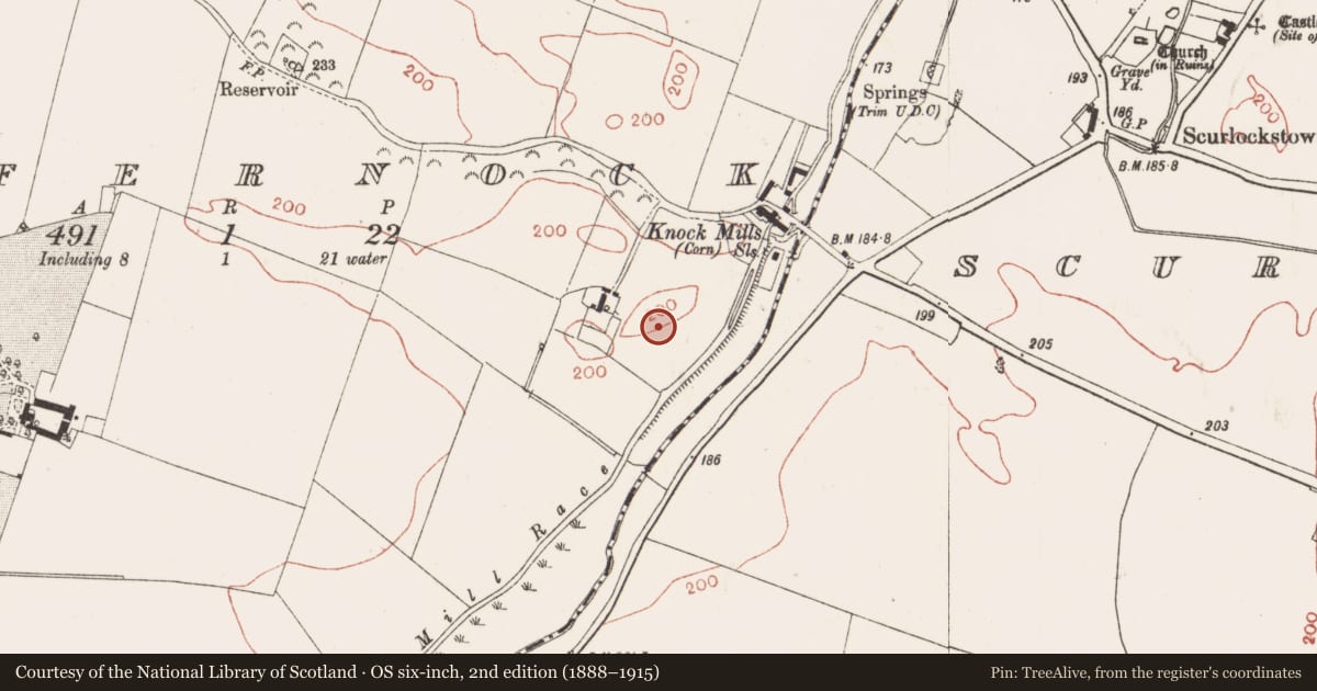 Ordnance Survey six-inch map, 2nd edition (1888–1915) covering the location of Field system, Iffernock, County Meath, with a pin at the register's coordinates