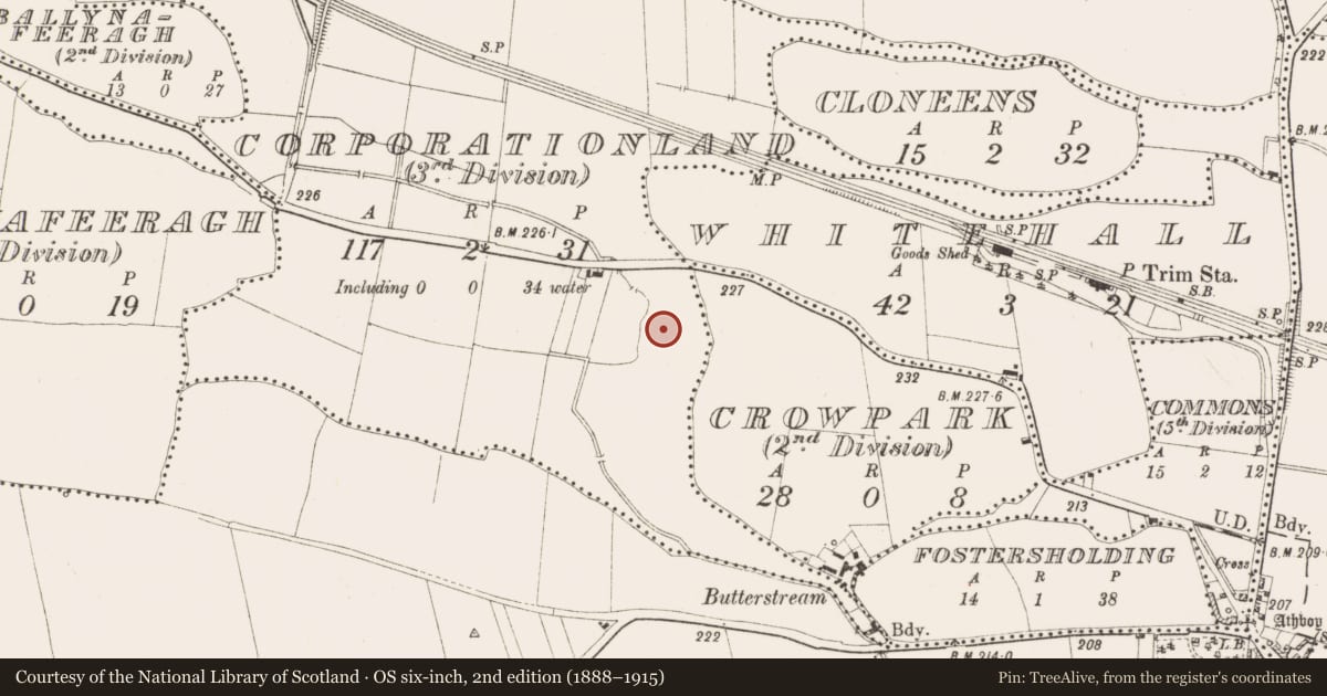 Ordnance Survey six-inch map, 2nd edition (1888–1915) covering the location of Burnt mound, Corporationland (3rd Division), County Meath, with a pin at the register's coordinates