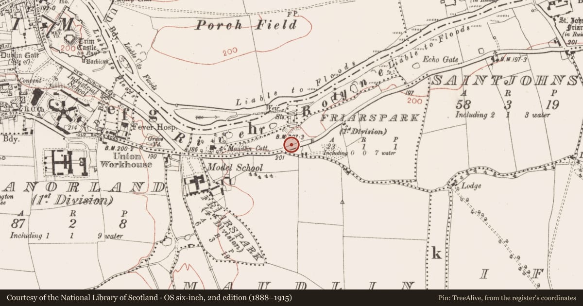 Ordnance Survey six-inch map, 2nd edition (1888–1915) covering the location of Armorial plaque (present location), Friarspark (1st Division), County Meath, with a pin at the register's coordinates
