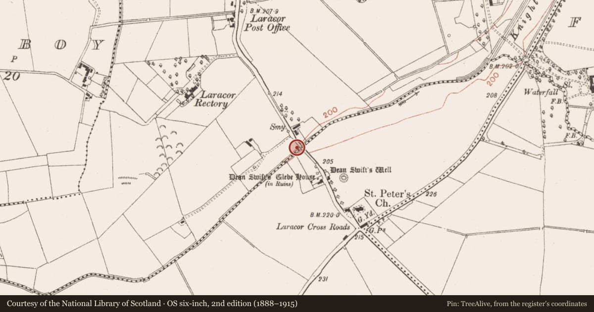 Ordnance Survey six-inch map, 2nd edition (1888–1915) covering the location of Bridge, Knightsbrook, Laracor, County Meath, with a pin at the register's coordinates