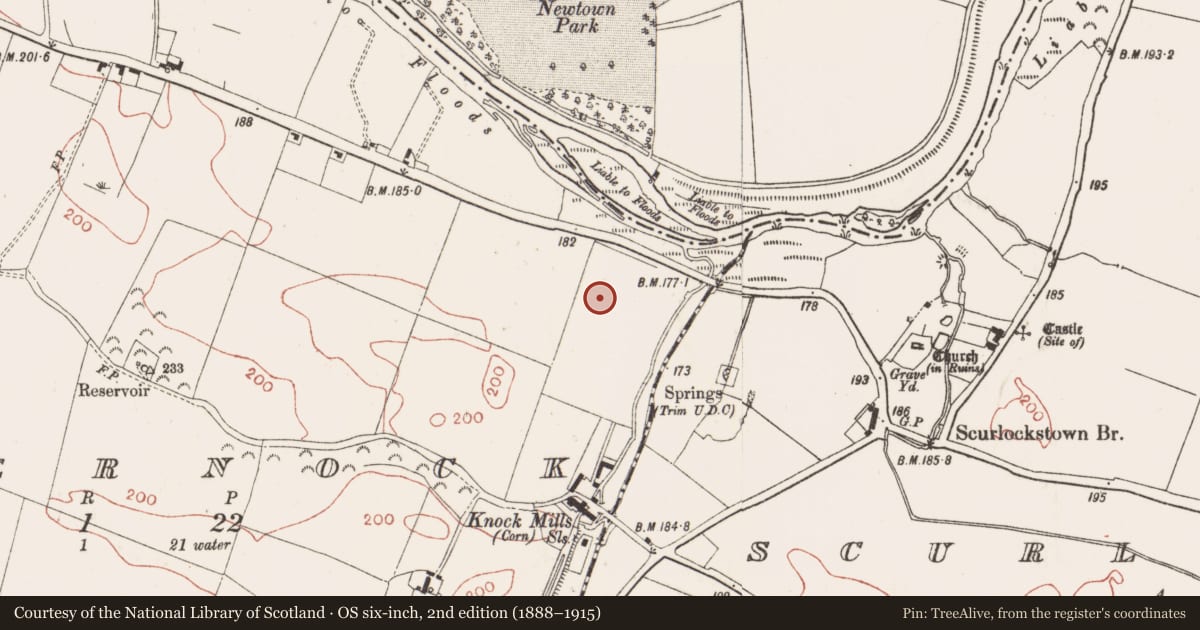 Ordnance Survey six-inch map, 2nd edition (1888–1915) covering the location of Ring-ditch, Iffernock, County Meath, with a pin at the register's coordinates