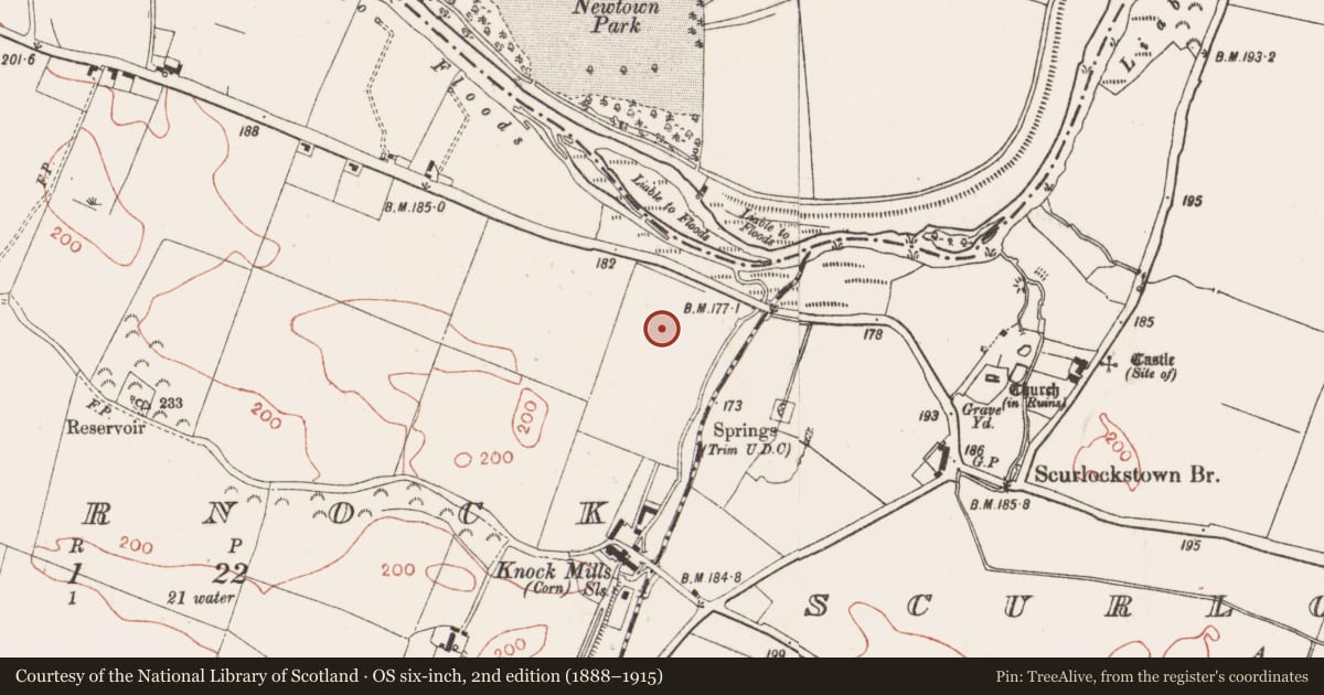 Ordnance Survey six-inch map, 2nd edition (1888–1915) covering the location of Ring-ditch, Iffernock, County Meath, with a pin at the register's coordinates